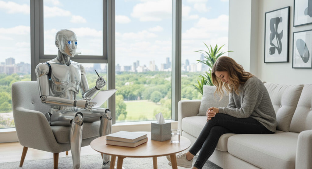Robot ChatGPT therapist sitting in an office with a client